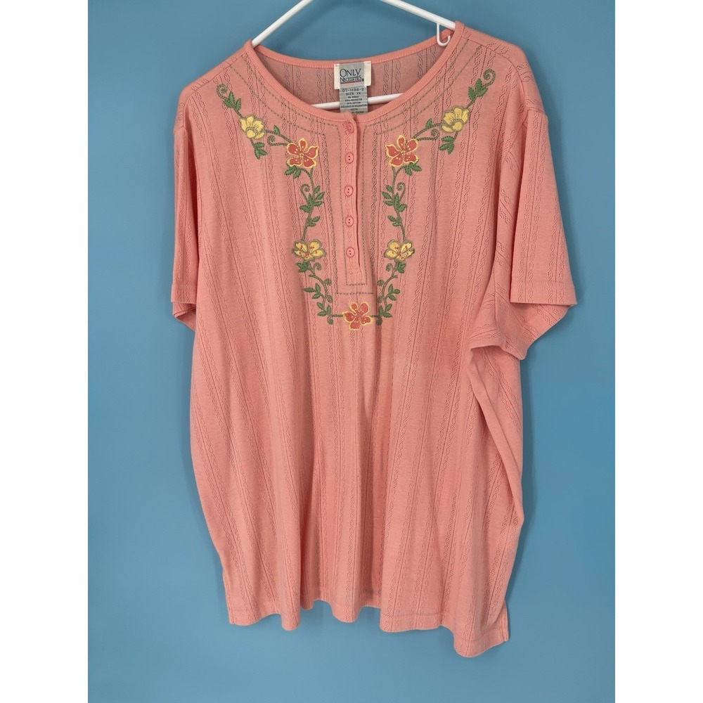 Womens Blouse Only Necessities 1X Peach Color With Beautiful Embroidery Neckline
